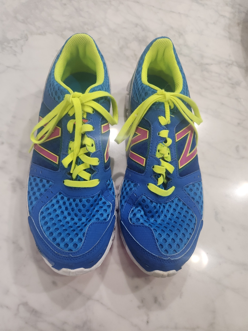 New Balance Blue & Pink Athletic Sneakers with Neon Yellow Accents, LIKE NEW.